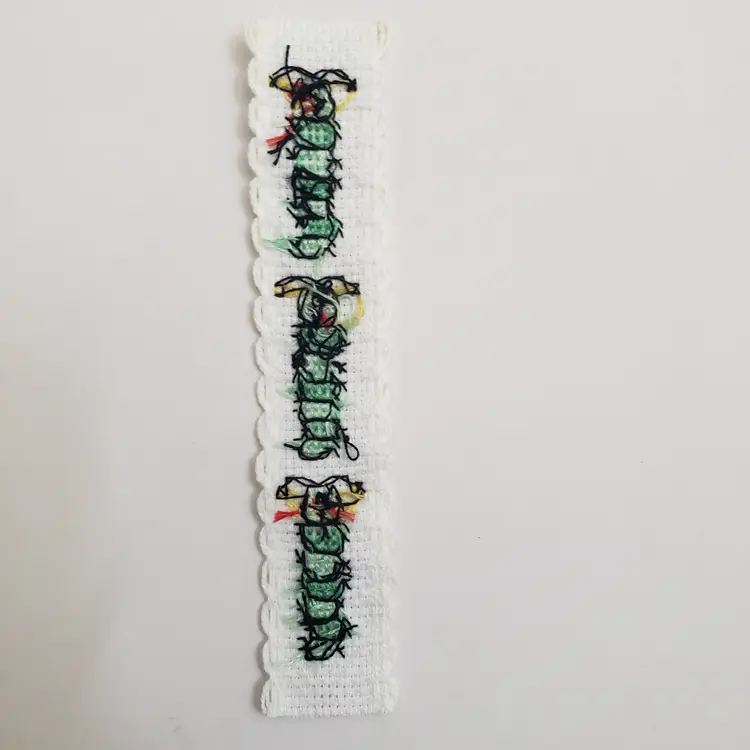 New Cross-stitched inchworm mini bookmark 5"