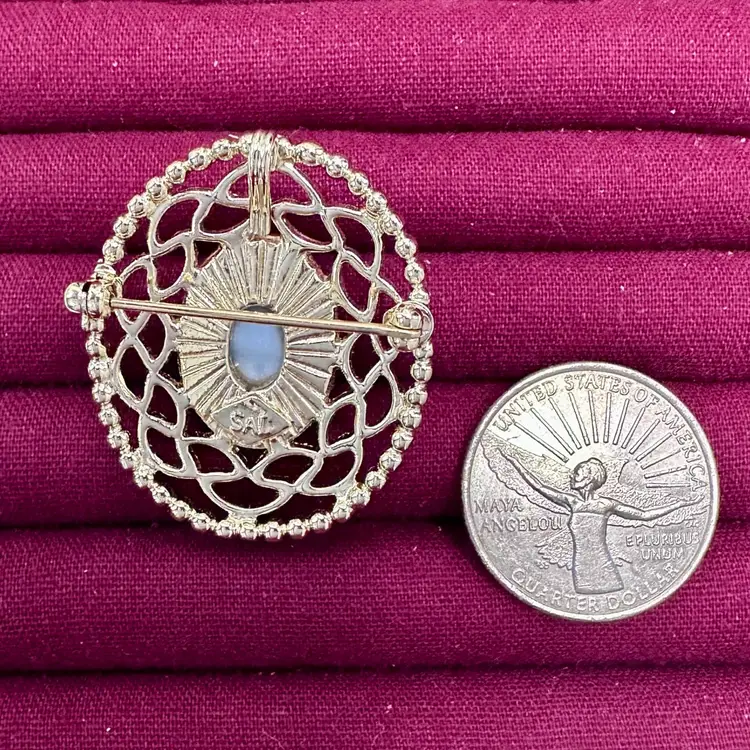 Vintage Sarah Coventry Blue Cameo Filigree Brooch, Left Facing Victorian Resin