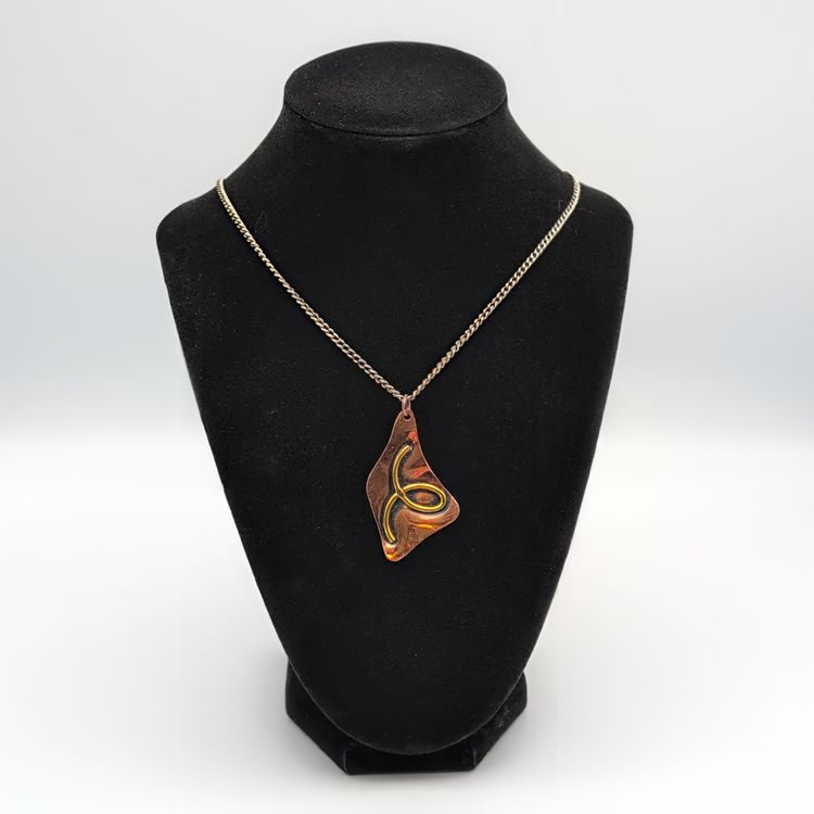 Copper Modernist Abstract Applied Swirl Pendant On Silver Tone Chain Necklace