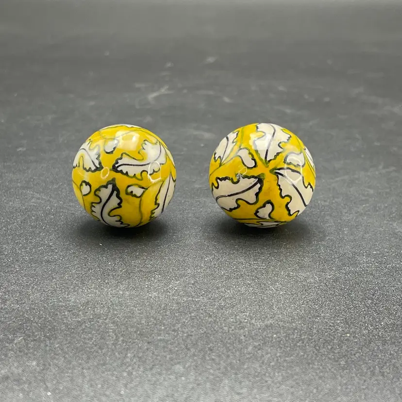 Ceramic Yellow White Drawer Pulls Handles Knobs Vintage Hardware Set of 2