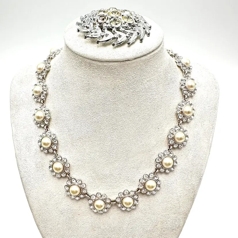 Faux Pearl Rhinestone Necklace Paired Brooch Silver Tone Bridgerton Inspired Jewelry Lot