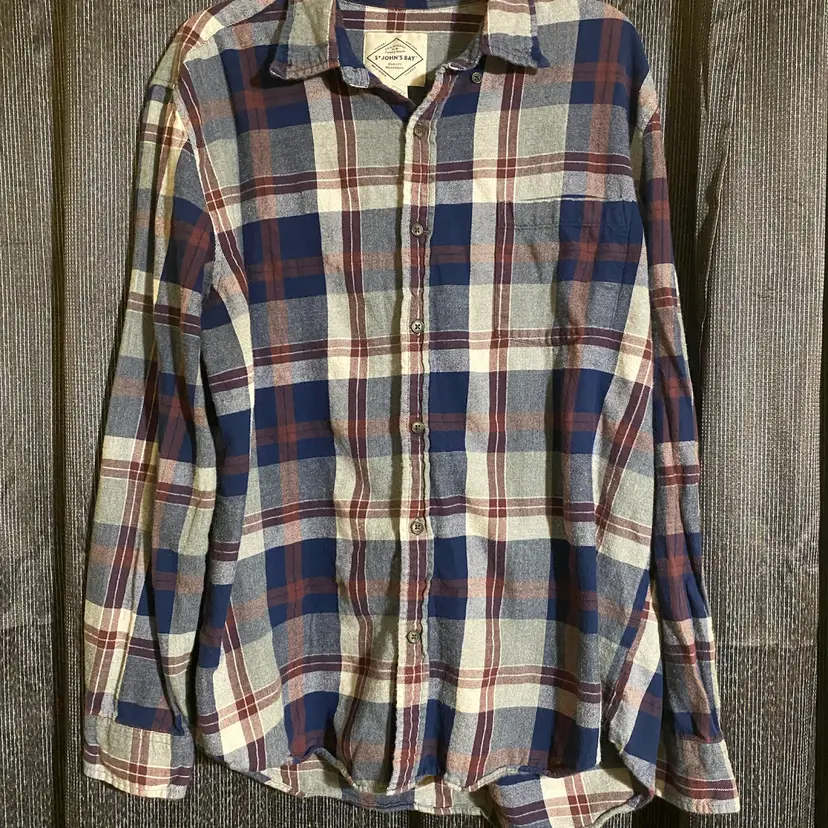 St John's Bay Men's Size Large Blue, Burgundy & Gray Plaid Pattern Flannel Shirt