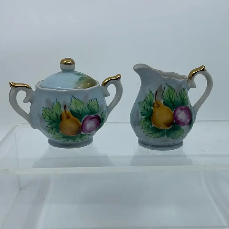 Vintage Miniature Ceramic Covered Sugar Bowl And Creamer Set CONSCO Marilyn-Exclusive JAPAN Hand Painted Fruit Gold Accent
