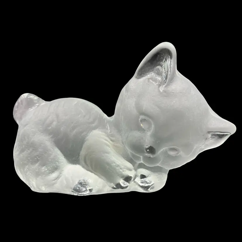 BIN - Vintage Viking Lying Cat Frosted Glass Paperweight Bookend 6.5”