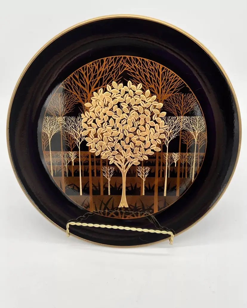 Otagiri Gold Trees Black Shallow Bowl Plate 10” Golden Forrest