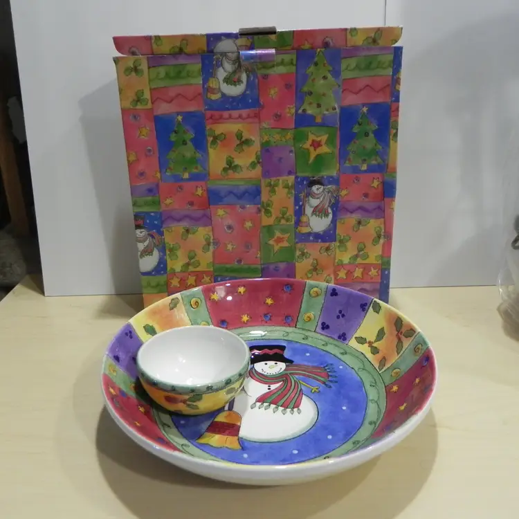 Sango Snowman Chip and Dip Bowl Set Sue Zipkin Sweet Shoppe Christmas Party Serving Table