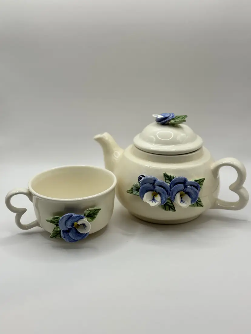 Vintage 1998 Ceramic Tea Set With Pansy Blue Floral Design, Teapot & Cup, Delicate Kitchenware, By Mud Pie, Made In China