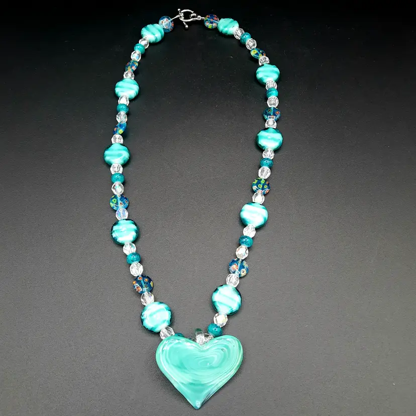 Turquoise Aqua Glass Heart Millefiori Bead Necklace