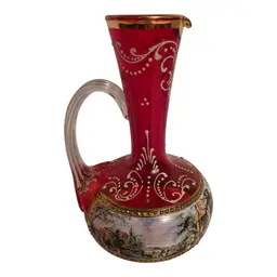 Italian Art Glass Cruet Vase Cranberry Pink Hand Painted Gold Trim 6.5"