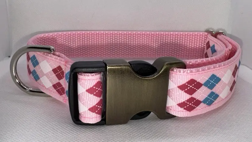 Dog Collar Valentine’s Pink Plaid Large Handmade Heavy Duty NEW