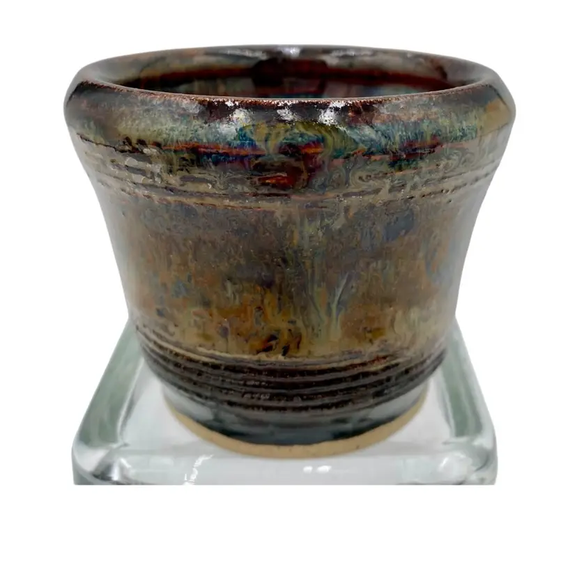 Studio Pottery Stoneware Tea Cup, Etched Sgraffito Rings, Heavy, Signed