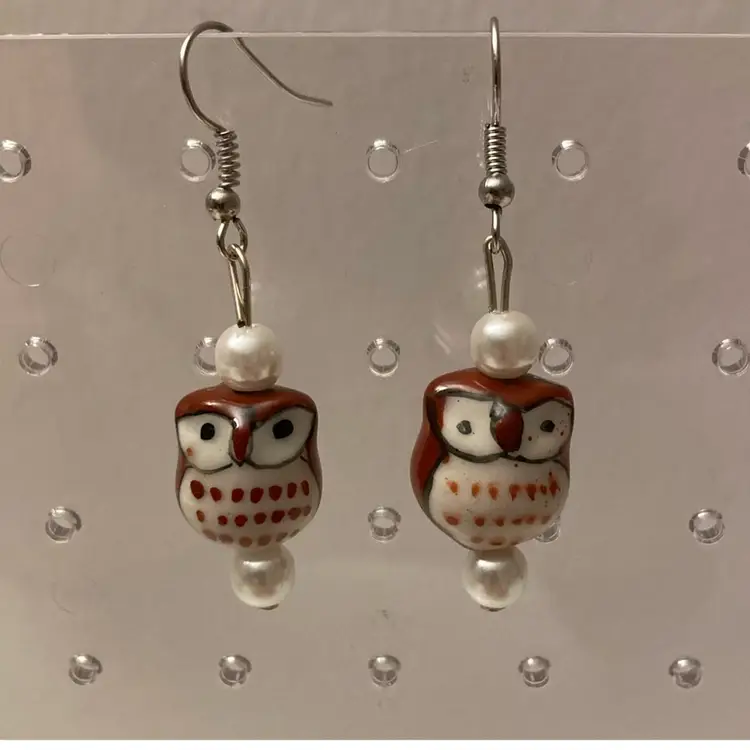 1970’s Porcelain OWL Drop Earrings Hand Painted