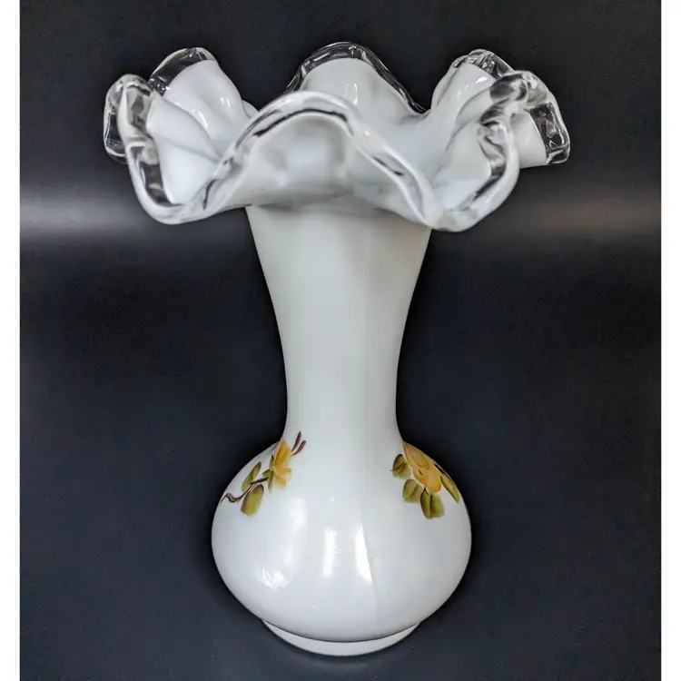 Vintage Fenton Silver Crest Milk Glass Ruffled Top Vase
