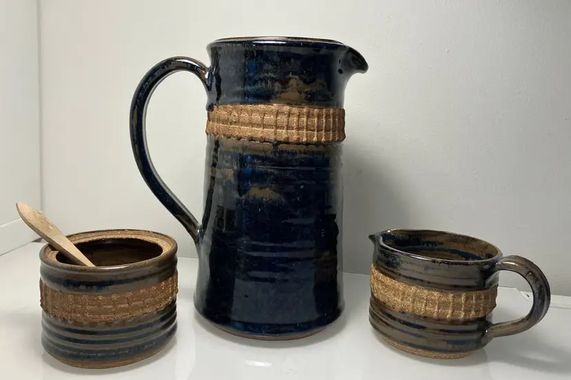 Studio Art Pottery Pitcher Coffee Carafe Sugar and Creamer Signed