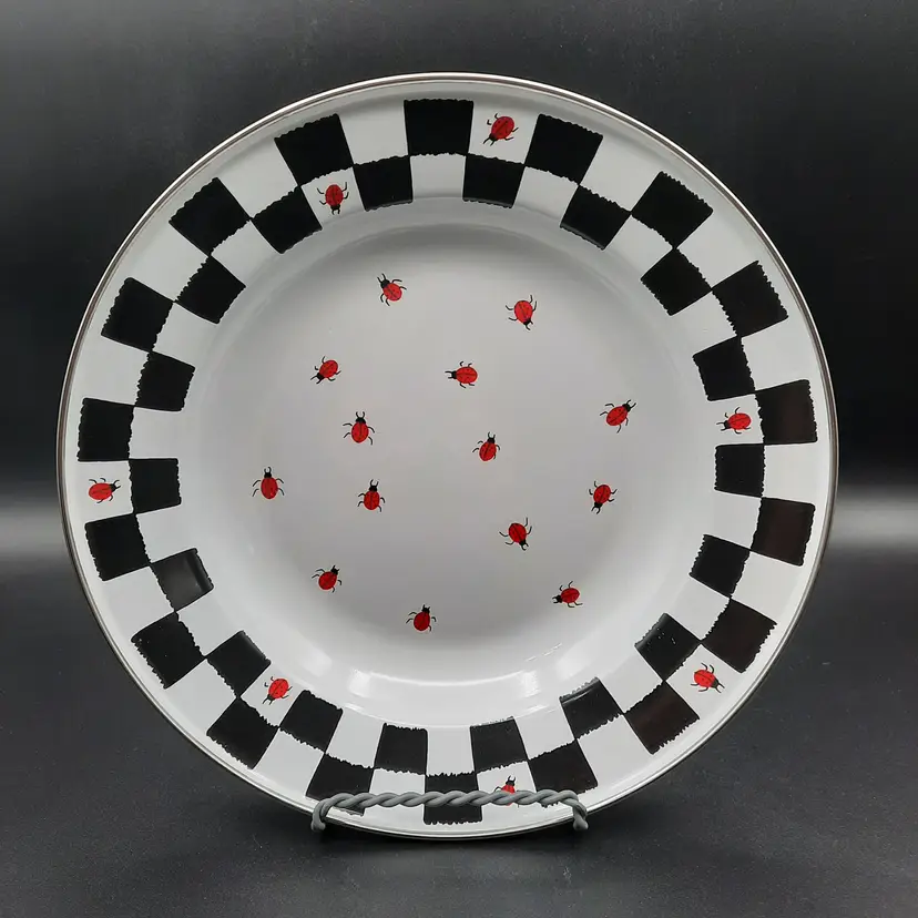 Jean Wilkes Golden Rabbit II Black & White Checked Red Ladybug Enamel Metal Plate