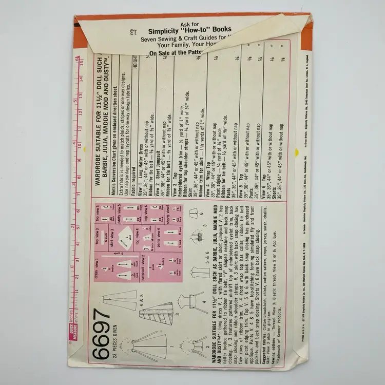 *SALE* Simplicity 6697 11.5” Doll Patterns 1974