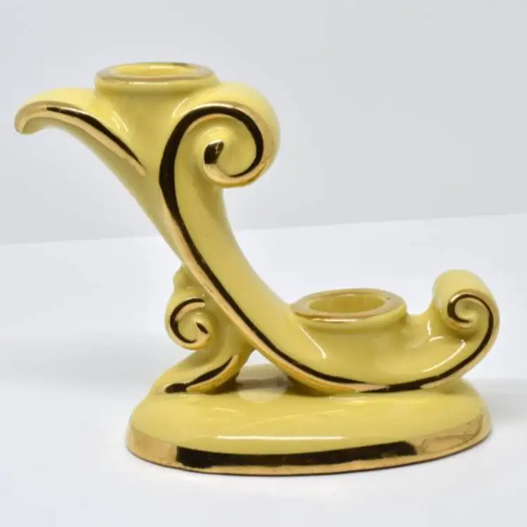 Vintage Abingdon No. 479 Double Candlestick, Yellow, Hand Painted Gold Accents