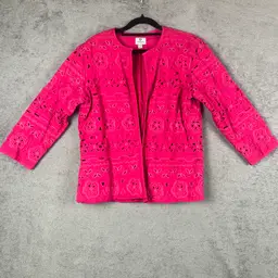 Chico’s Jacket Women’s Size 1 (M) Fuchsia Pink Embroidered Eyelet Open Front Cotton Blend