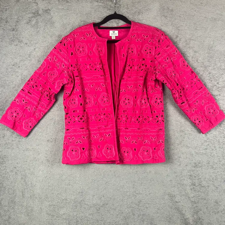 Chico’s Jacket Women’s Size 1 (M) Fuchsia Pink Embroidered Eyelet Open Front Cotton Blend