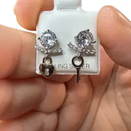 New .925 Sterling & CZ Earrings W/Dangle Heart & Key