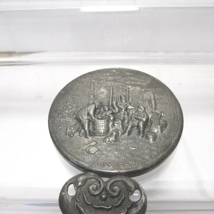 VTG Small Antique Silver or Pewter Hand Mirror 4 1/2" Denmark