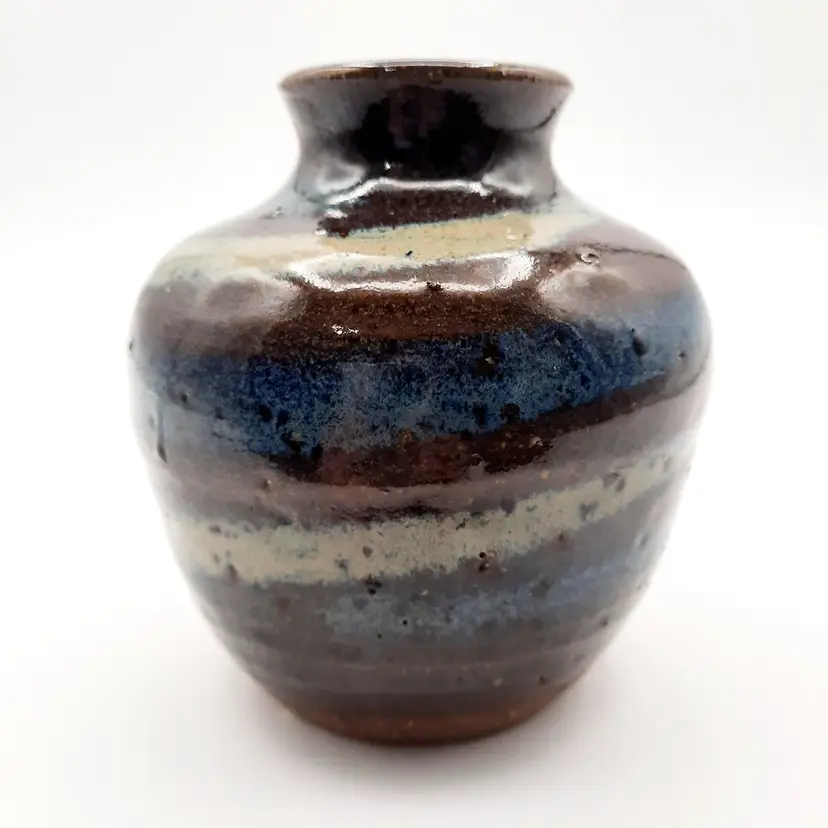 Glazed Pottery Short Bud Vase Signed A&A Blue Purple Brown Beige Swirl
