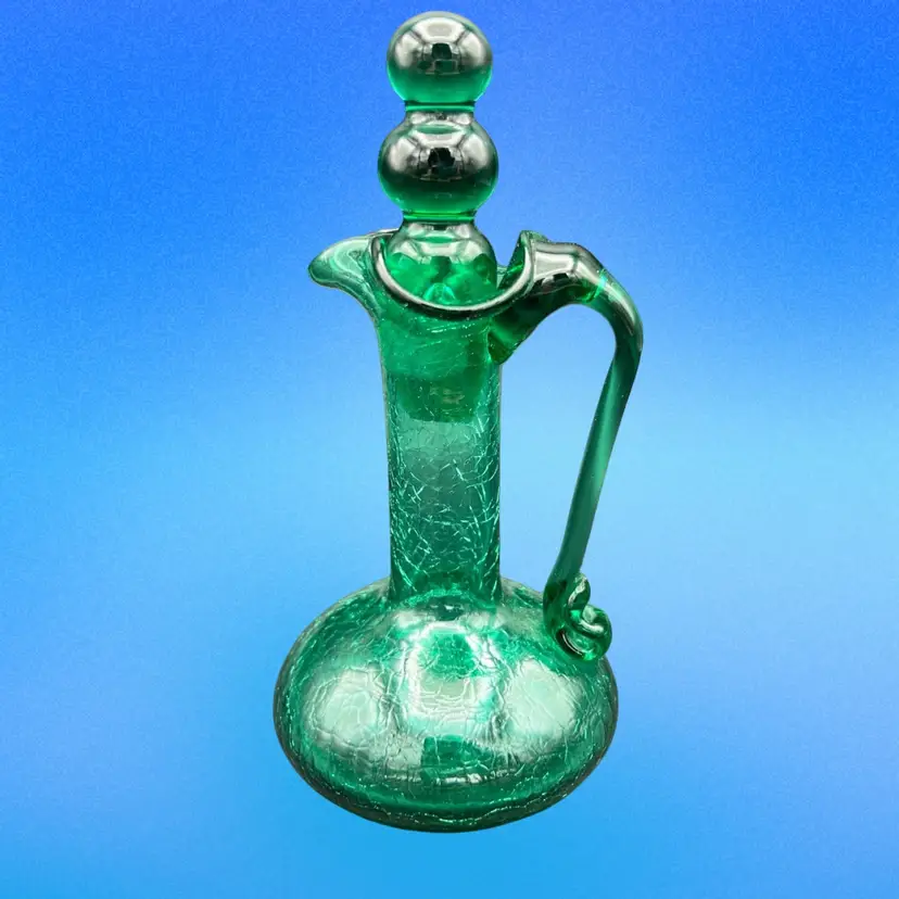 Vintage Crackle Glass Cruet Green Pitcher w/ Original Stopper READ
