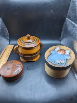 Vtg Lot of 3 Wood Trinket Boxes One Angel Box, One Lacquer and One Turned Wood