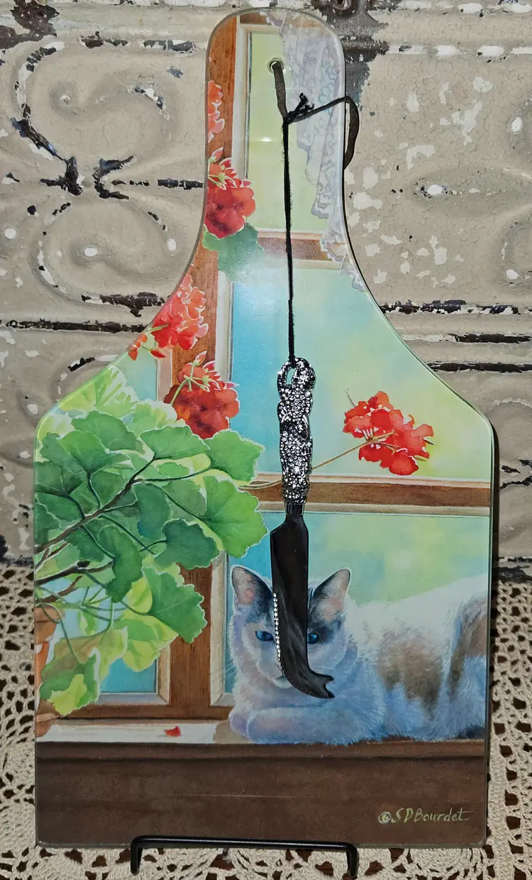 NWT Calico Cat Glass Art Cutting Board w/ Ornate Knife Made in USA