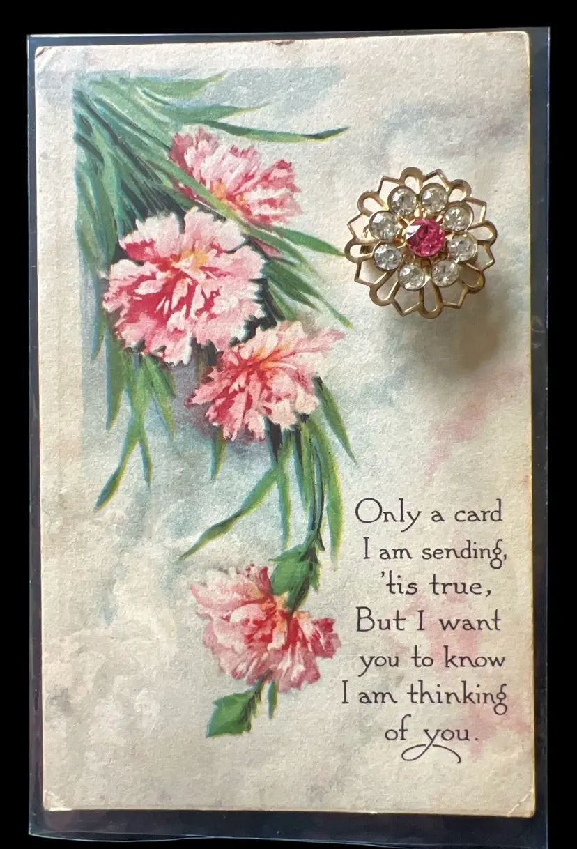 Vintage Goldtone Brooch PINK & Clear Rhinestone Floral Brooch  & Postcard #G1