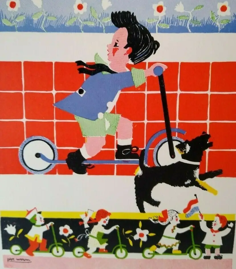 Piet Worm Art Print Children On Scooter Dog Vintage M B Z Amsterdam Holland 1951