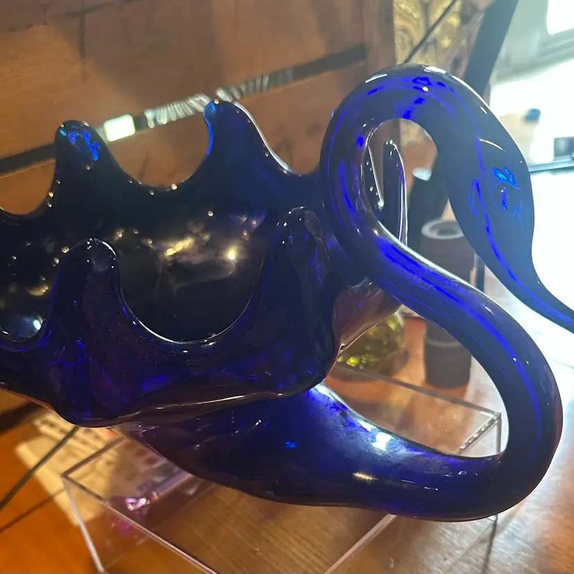 Vintage, hand-blown cobalt blue art glass swan bowl