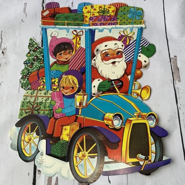 VINTAGE GEMO Christmas Advent Calendar 3D Santa in Auto w/ Children Denmark D1