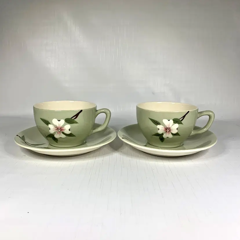 Weil Ware California Cup Saucer Pottery Dogwood Green Floral Cottage Core Vintage