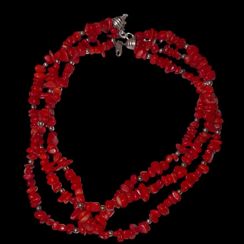 Sterling Silver Multi Strand Coral Beaded Necklace 16-20"