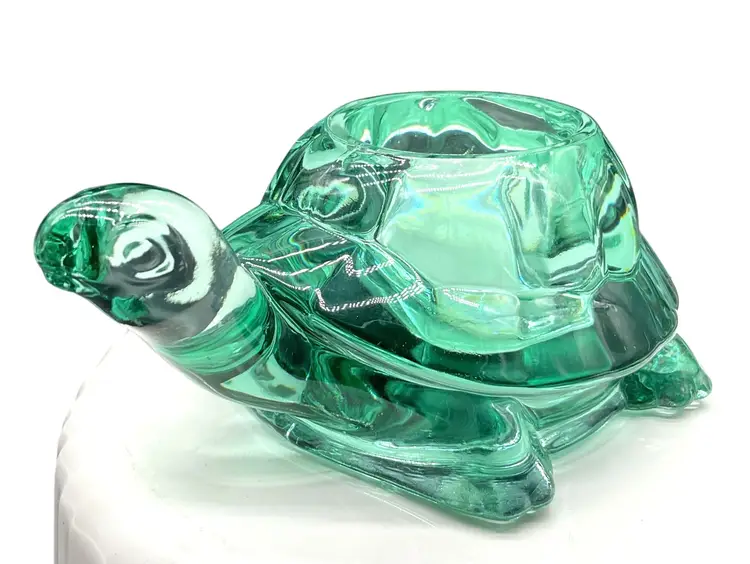 VTG Indiana Glass Spanish Green Turtle Candle Holder Tortoise Paperweight 5.5" L