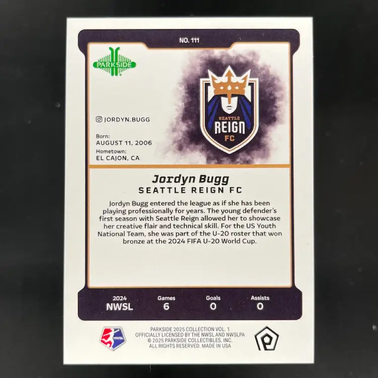 Jordyn Bugg 2025 Parkside NWSL Vol 1 Rainbow Shimmer /10 Soccer Card