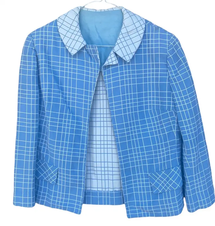 Vintage 60’s Lightweight Blue White Plaid Coat Jacket Women’s Medium Small 