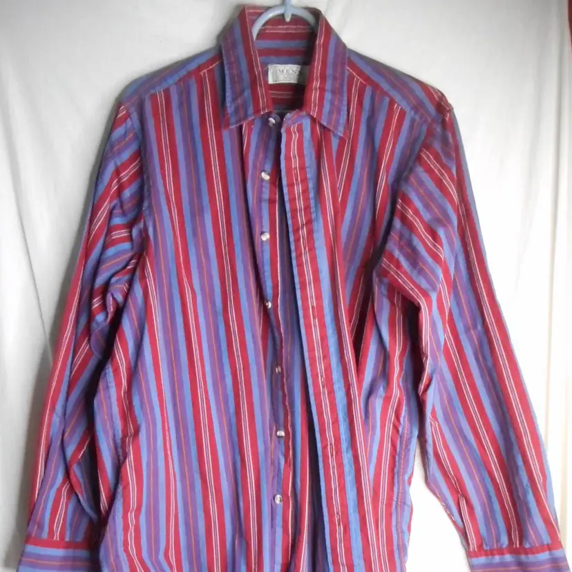 Vtg Sears Size L Striped Blue Burgundy Long sleeve Shirt button front mens