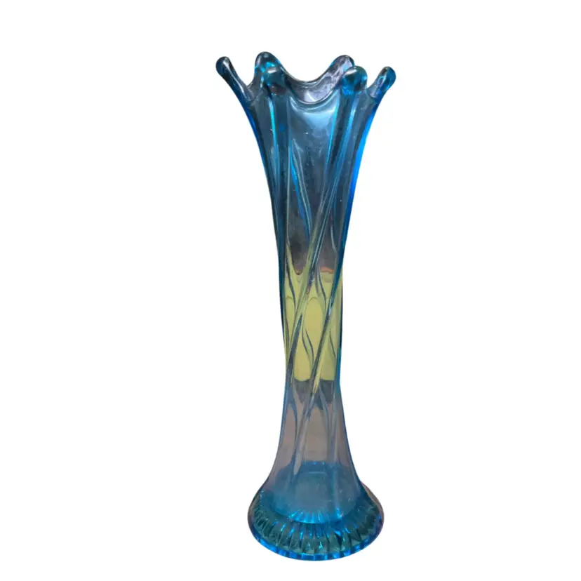 32a. Stunning 12” Blue Swung Glass Vase – Retro Mid-Century Art Glass Beauty