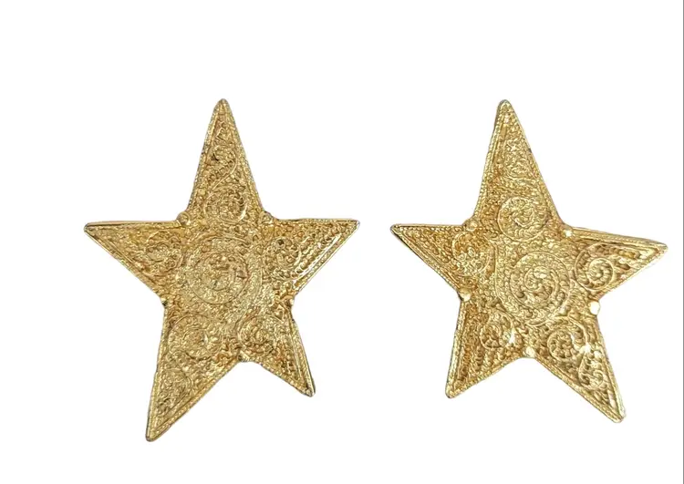 Gold Tone Designer Style Textured Star Clip-On Earrings,  K143