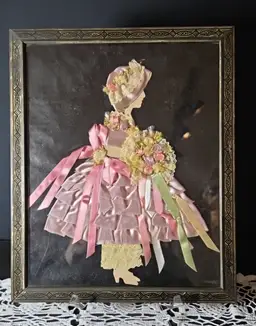 Folk Art Victorian Metal Framed Ribbons & Lace Lady