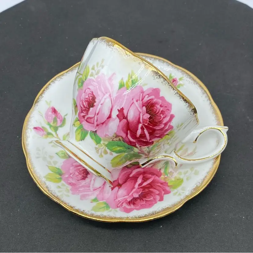 #1709 - Pair Gorgeous Vintage Royal Albert American Beauty Teacup and Saucer, Stunning Countess Shape Cup, Large Pink Roses, Super Set, 1940’s