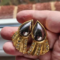 Hematite & Rhinestone Teardrop Earrings LARGE Gold Tone Post Art Deco Style Pierced Ear Jewelry VTG