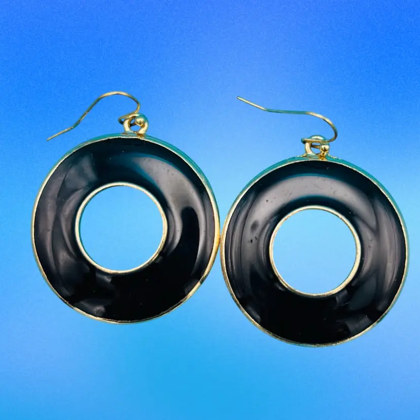Retro Black Enamel Donut Hoop Earrings – Gold-Tone Trim