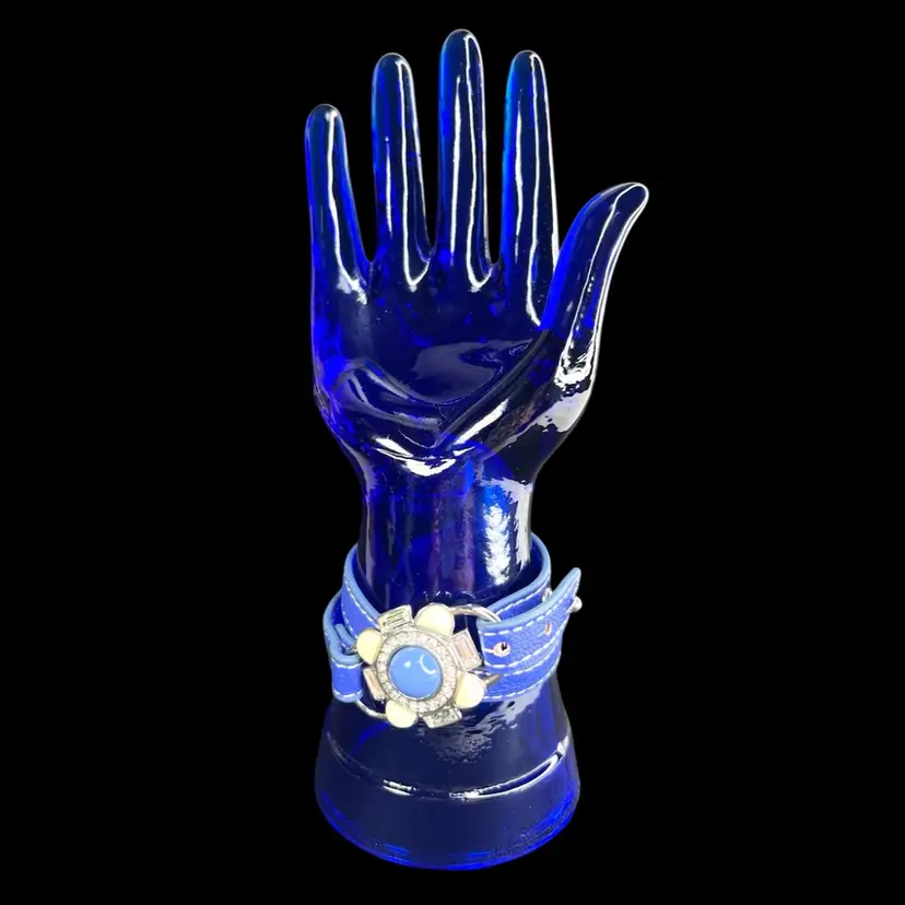 LIA SOPHIA Blue Stone & Faux Diamond Floral Design Double Wrap Blue Leather Bracelet. Fits 6-1/2” wrist.