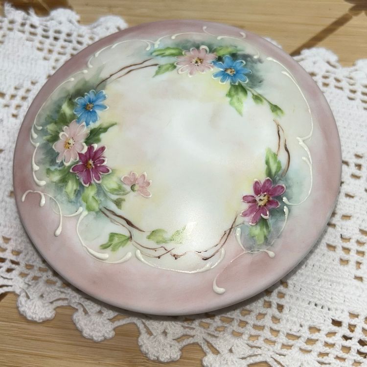 Vintage Hand Painted Porcelain Floral Trinket Box Signed