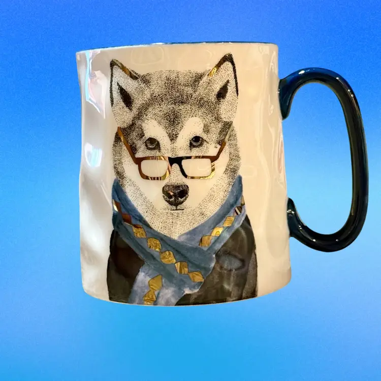 Signature Housewares Hipster Husky Wolf Animal with Glasses Scarf 14oz Coffee Mug