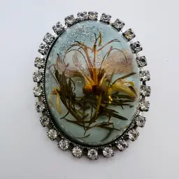 Vintage Rhinestone Framed Pressed Flower Resin Brooch
