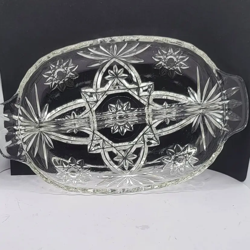 #01 Vintage Clear Glass Anchor Hocking divided relish tray EAPC 10" Star of David or Hobster Pattern